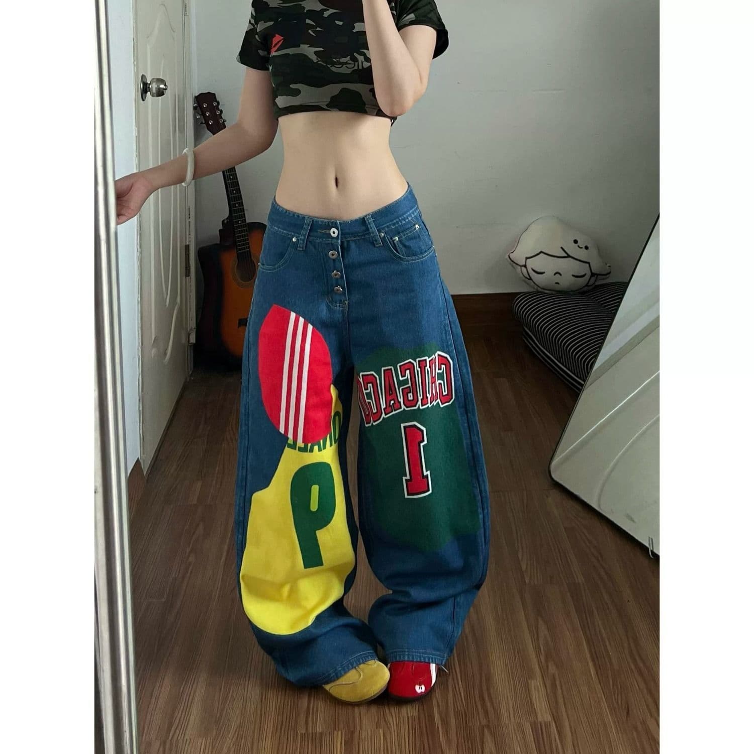 아메리칸 레트로 거리 웃음 하 패치워크 청바지 남녀 조수 브랜드 루즈핏 슬림해 보이는 도루 센스 넓은 다리 바닥 청소 바지 상세 이미지 2
