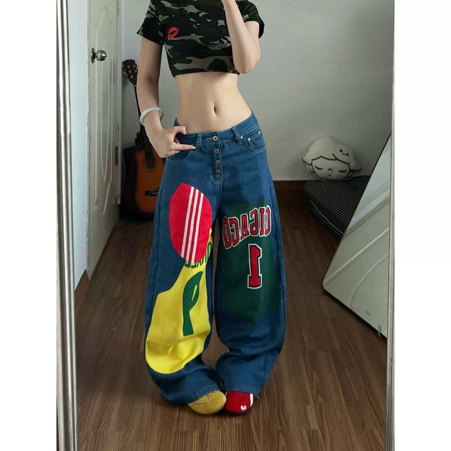 아메리칸 레트로 거리 웃음 하 패치워크 청바지 남녀 조수 브랜드 루즈핏 슬림해 보이는 도루 센스 넓은 다리 바닥 청소 바지 상세 이미지 3
