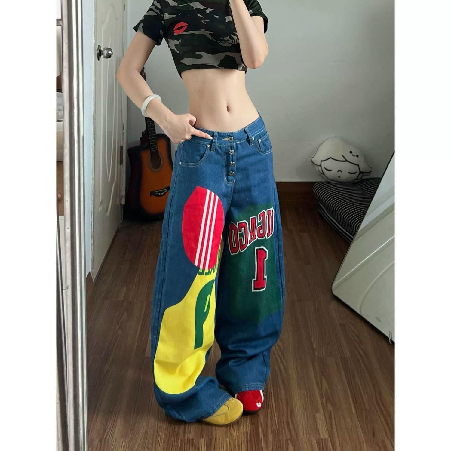 아메리칸 레트로 거리 웃음 하 패치워크 청바지 남녀 조수 브랜드 루즈핏 슬림해 보이는 도루 센스 넓은 다리 바닥 청소 바지 상세 이미지 4