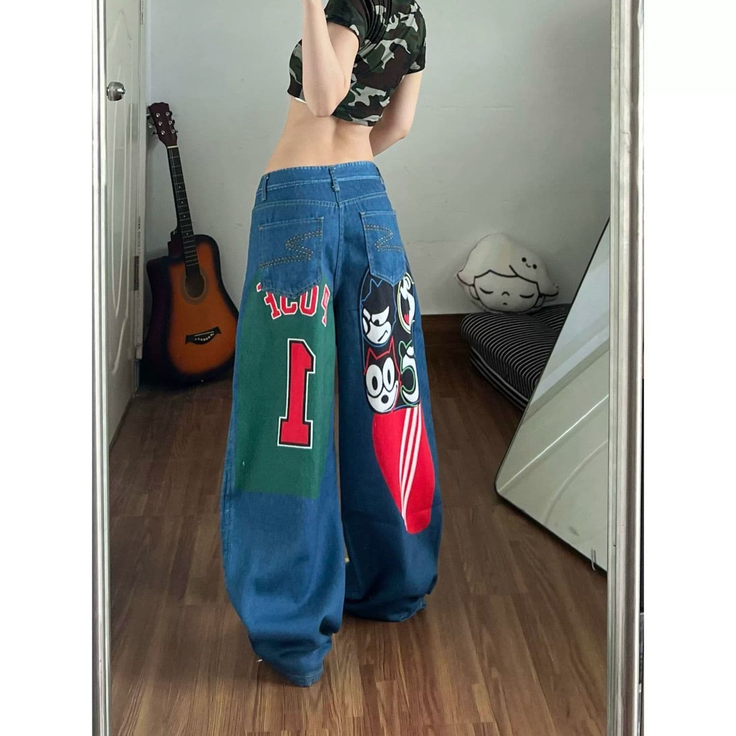 아메리칸 레트로 거리 웃음 하 패치워크 청바지 남녀 조수 브랜드 루즈핏 슬림해 보이는 도루 센스 넓은 다리 바닥 청소 바지 상세 이미지 5