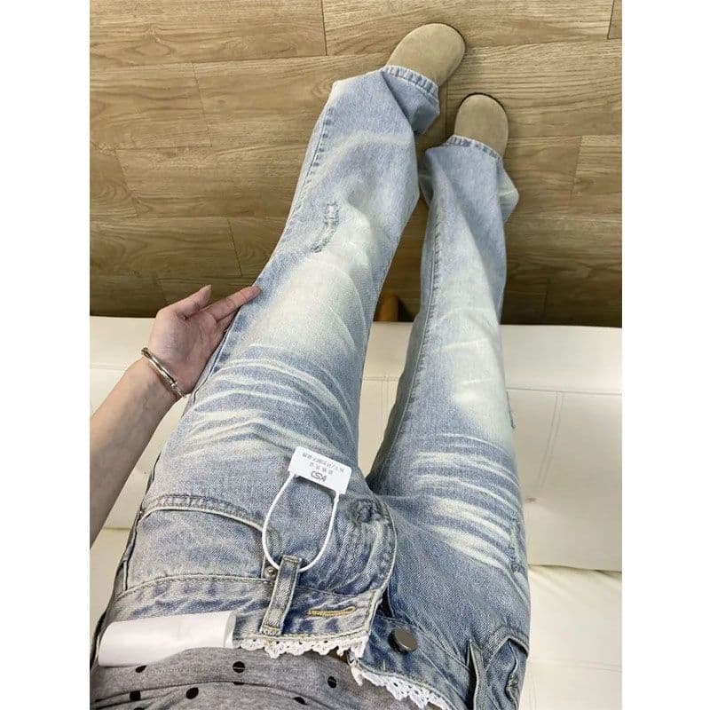 한국 스타일 ins 레트로 청바지 여성 봄 새로운 디자인 센스 레이스 측면 루즈핏 슬림해 보이는 부츠컷 바닥 청소 긴 바지 이미지 4