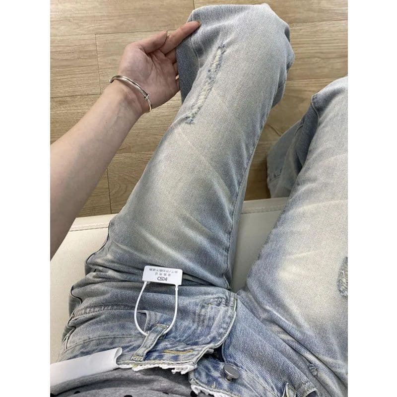 한국 스타일 ins 레트로 청바지 여성 봄 새로운 디자인 센스 레이스 측면 루즈핏 슬림해 보이는 부츠컷 바닥 청소 긴 바지 상세 이미지 2