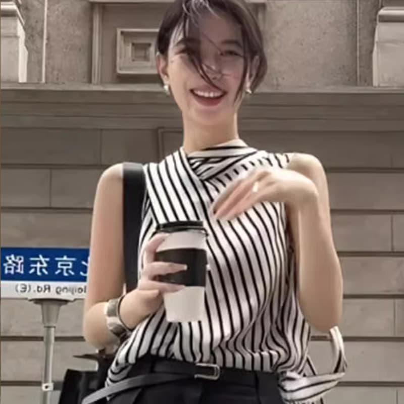 프랑스식 빛 럭셔리 고급 센스 민소매 스트라이프 여성 셔츠 여름 새로운 품격 리본 슬림해 보이는 맨위 이미지 3