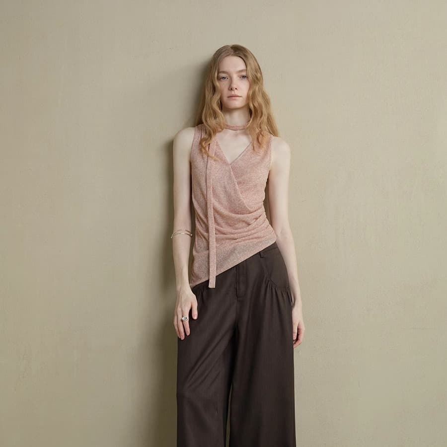 someone sometimes 비대칭 밑단 디자인 측면 허리 수신 Pleat 리본 조끼 슬립 행침 목 맨위 이미지 5