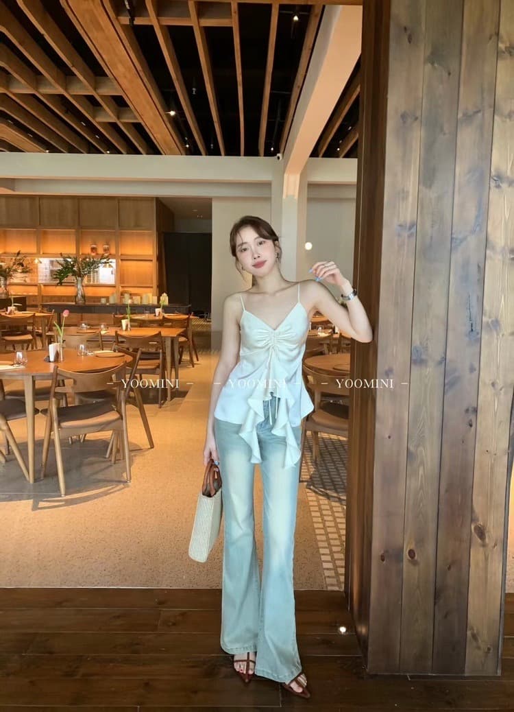 여름 새로운 프랑스식 품격 새틴 순수한 욕망 섹시함 V넥 캐미솔 작은 대중 주름 펌프 로프 프릴 맨위 상세 이미지 8