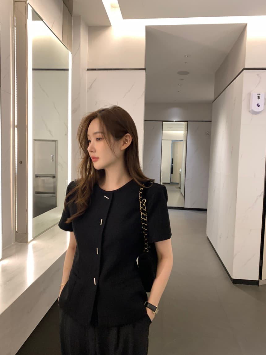 국경 간 한국 chic 여름 프랑스식 작은 샤넬 스타일 라운드 넥 반팔 작은 외투 이미지 2