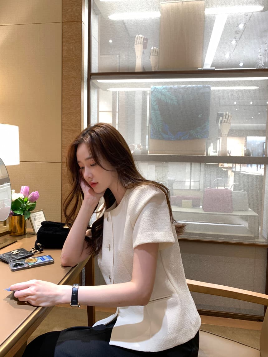 국경 간 한국 chic 여름 프랑스식 작은 샤넬 스타일 라운드 넥 반팔 작은 외투 상세 이미지 11