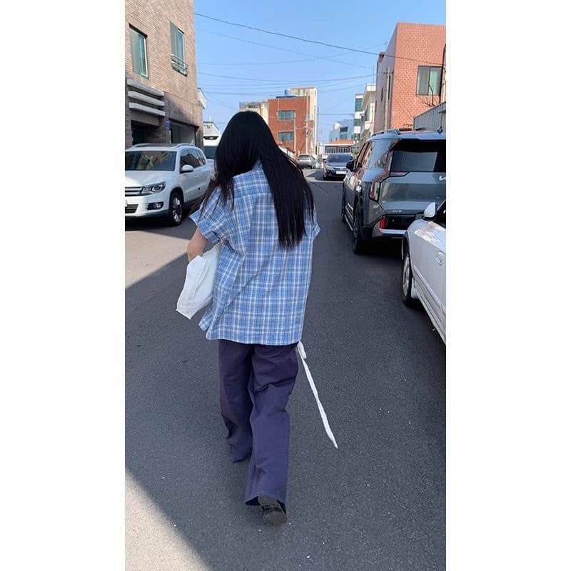 디자인 센스 작은 대중 루즈핏 슬림해 보이는 체크무늬 반팔 여성 셔츠 한국 스타일 레트로 캐주얼 다용도 맨위 상세 이미지 3
