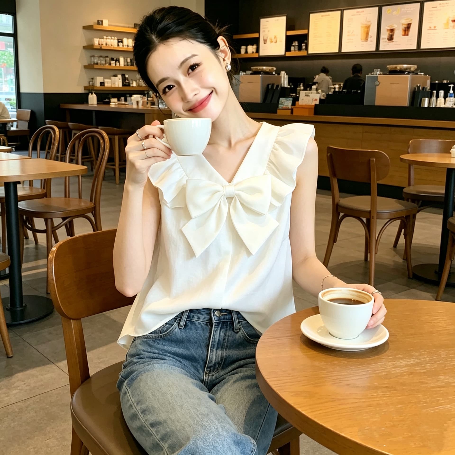 달콤함 새로운 2026 여름 나비 매듭 작은 대중 Chic 광장 칼라 슬림해 보이는 맨위 셔츠 이미지 3