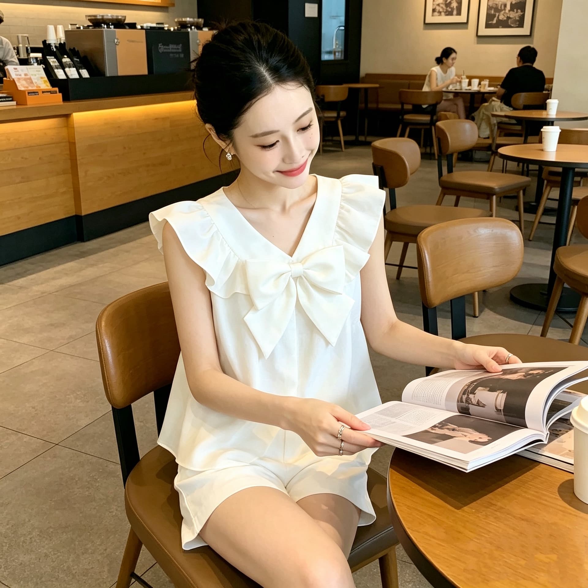 달콤함 새로운 2026 여름 나비 매듭 작은 대중 Chic 광장 칼라 슬림해 보이는 맨위 셔츠 이미지 5