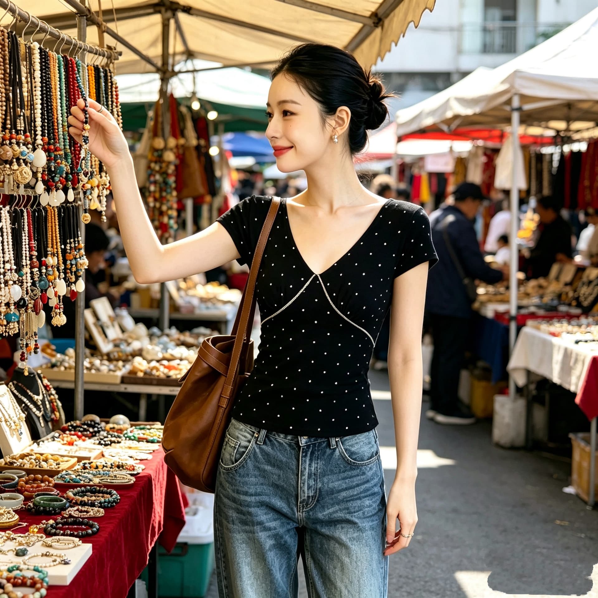 달콤한 매운맛 바람 검정색 도트 무늬 프린트 V넥 반팔 티셔츠 여성 여름 새로운 한 부서 프릴 몸매 가꾸기 작은 맨위 트렌디 상세 이미지 4