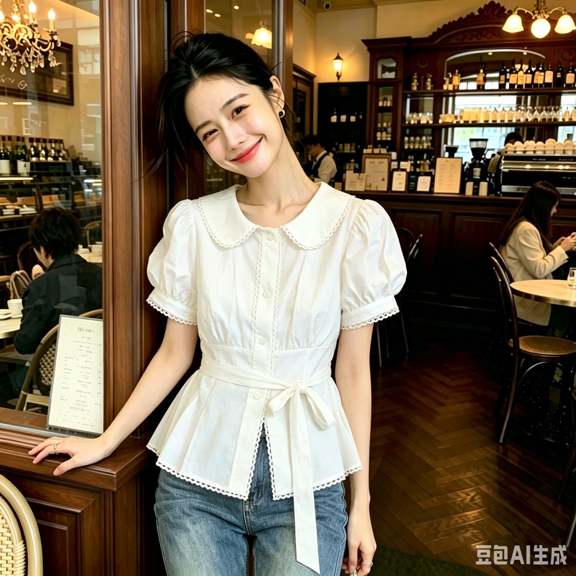 한 부서 2026 달콤함 레이스 베이비 칼라 반팔 여성 셔츠 여름 프랑스식 화이트 거품 소매 허리 수축 슬림해 보이는 맨위 이미지 2