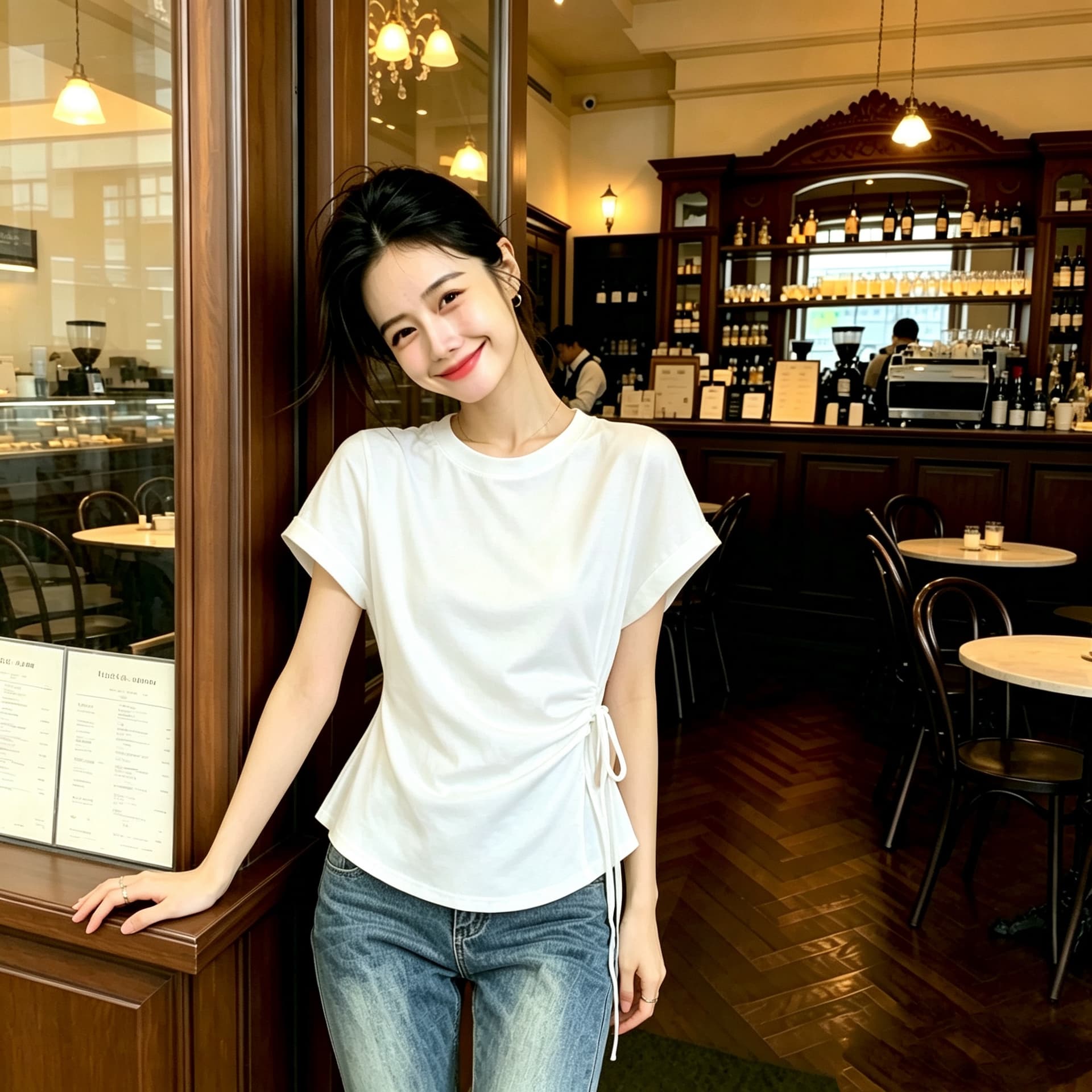 한 부서 불규칙 스트랩 허리 수축 반팔 티셔츠 여성 여름 새로운 라운드 넥 품격 다용도 몸매 가꾸기 슬림해 보이는 맨위 이미지 4