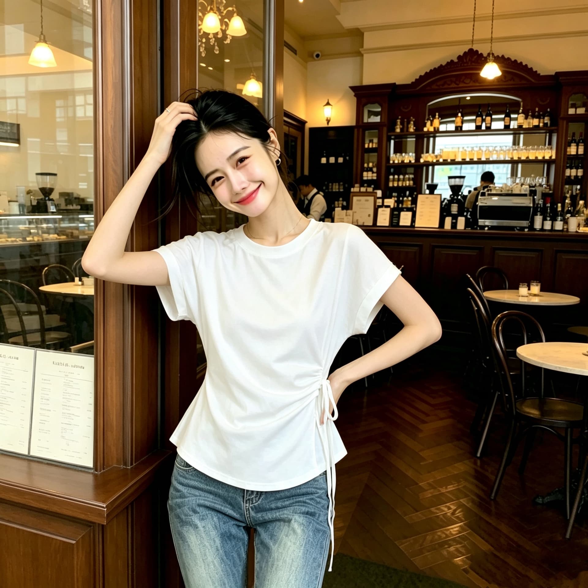 한 부서 불규칙 스트랩 허리 수축 반팔 티셔츠 여성 여름 새로운 라운드 넥 품격 다용도 몸매 가꾸기 슬림해 보이는 맨위 상세 이미지 1