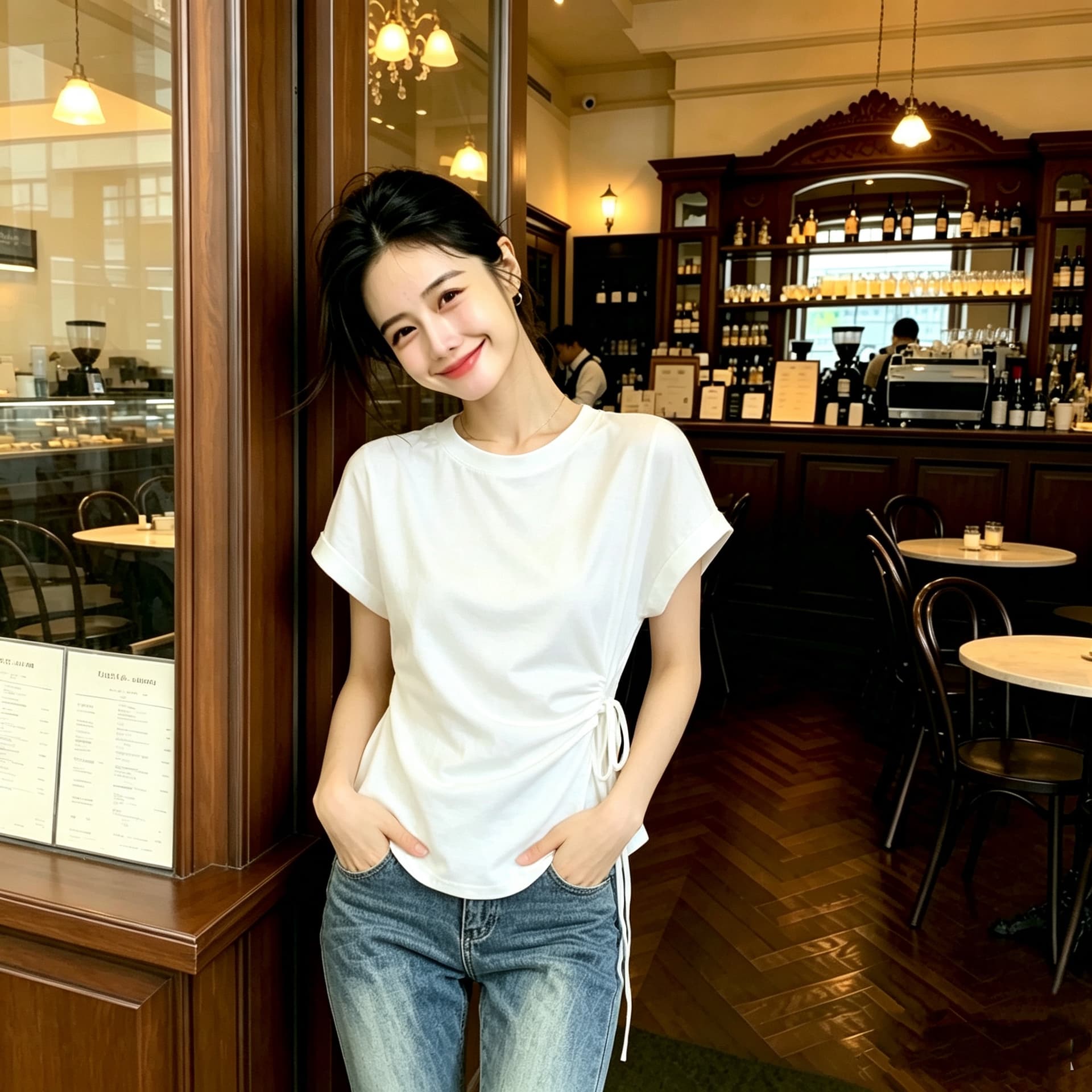 한 부서 불규칙 스트랩 허리 수축 반팔 티셔츠 여성 여름 새로운 라운드 넥 품격 다용도 몸매 가꾸기 슬림해 보이는 맨위 상세 이미지 3