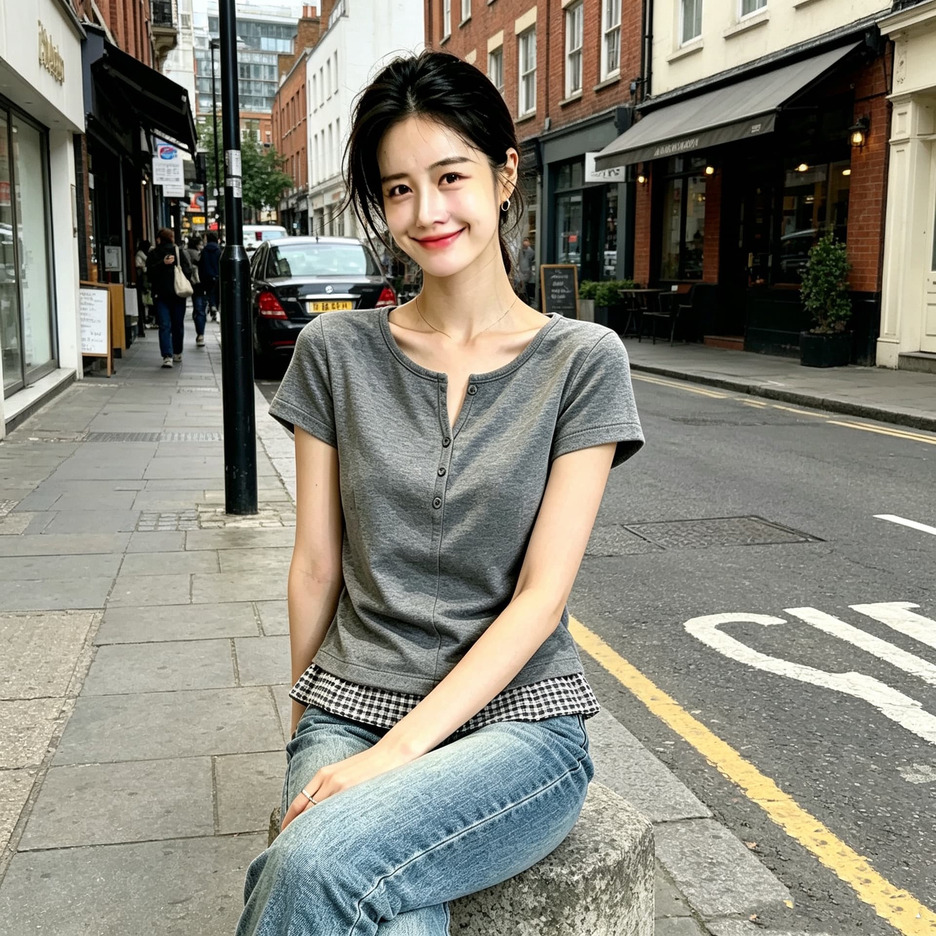 면 회색 명중 체크무늬 페이크 레이어드 반팔 티셔츠 여성 티셔츠 여름 새로운 루즈핏 슬림해 보이는 품격 V넥 맨위 트렌디 상세 이미지 5