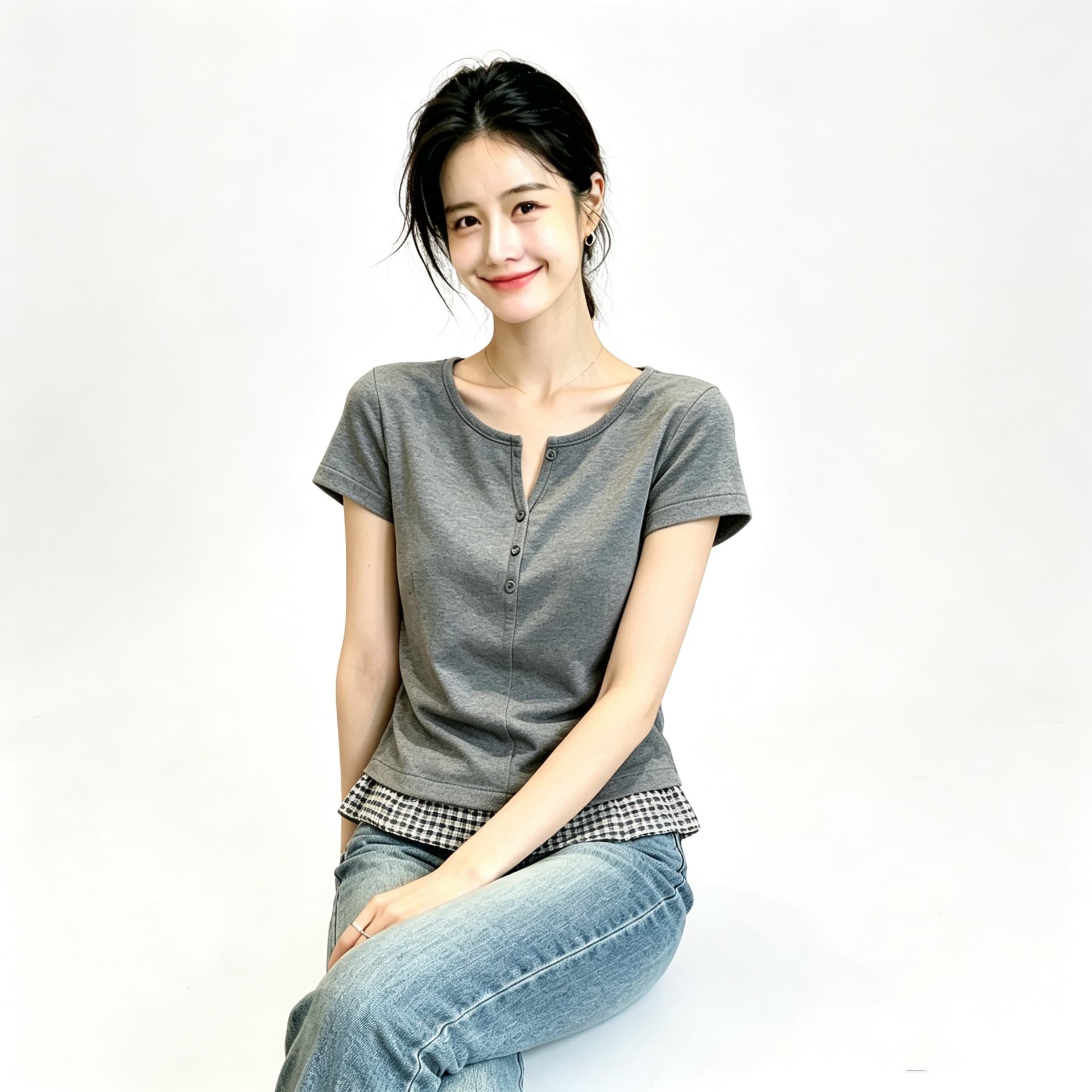 면 회색 명중 체크무늬 페이크 레이어드 반팔 티셔츠 여성 티셔츠 여름 새로운 루즈핏 슬림해 보이는 품격 V넥 맨위 트렌디 상세 이미지 8