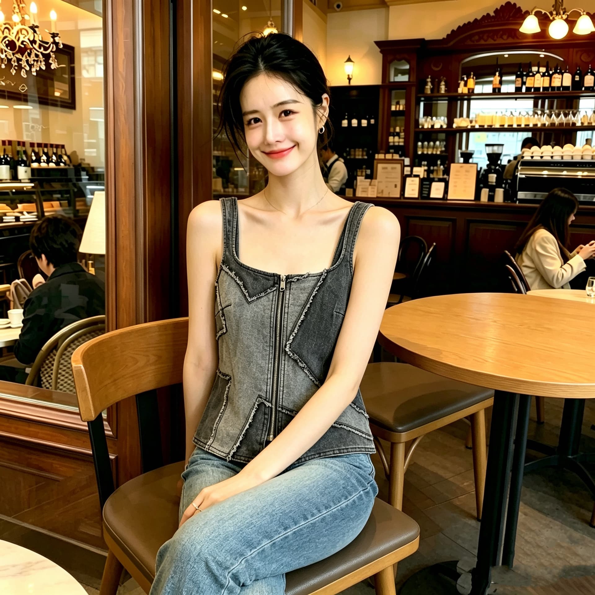 아메리칸 거친 가장자리 데님 조끼 여성 디자인 센스 지퍼 허리 수축 슬림해 보이는 핫걸 슬립 맨위 상세 이미지 7