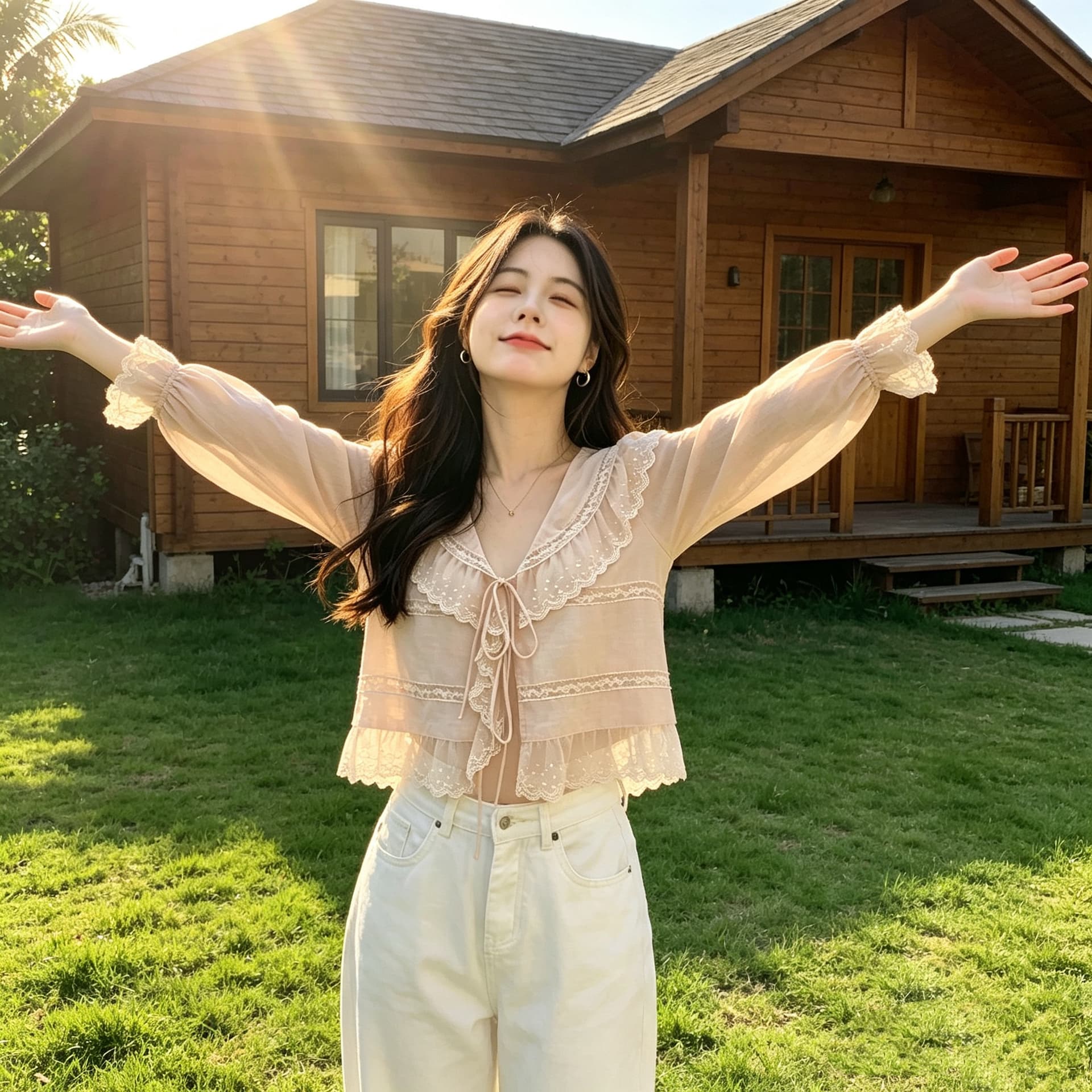 프랑스식 부드러운 바람 V넥 레이스 레이스 레이스 업 셔츠 맨위 여성 디자인 센스 작은 대중 루즈핏 나팔 소매 셔츠 이미지 4