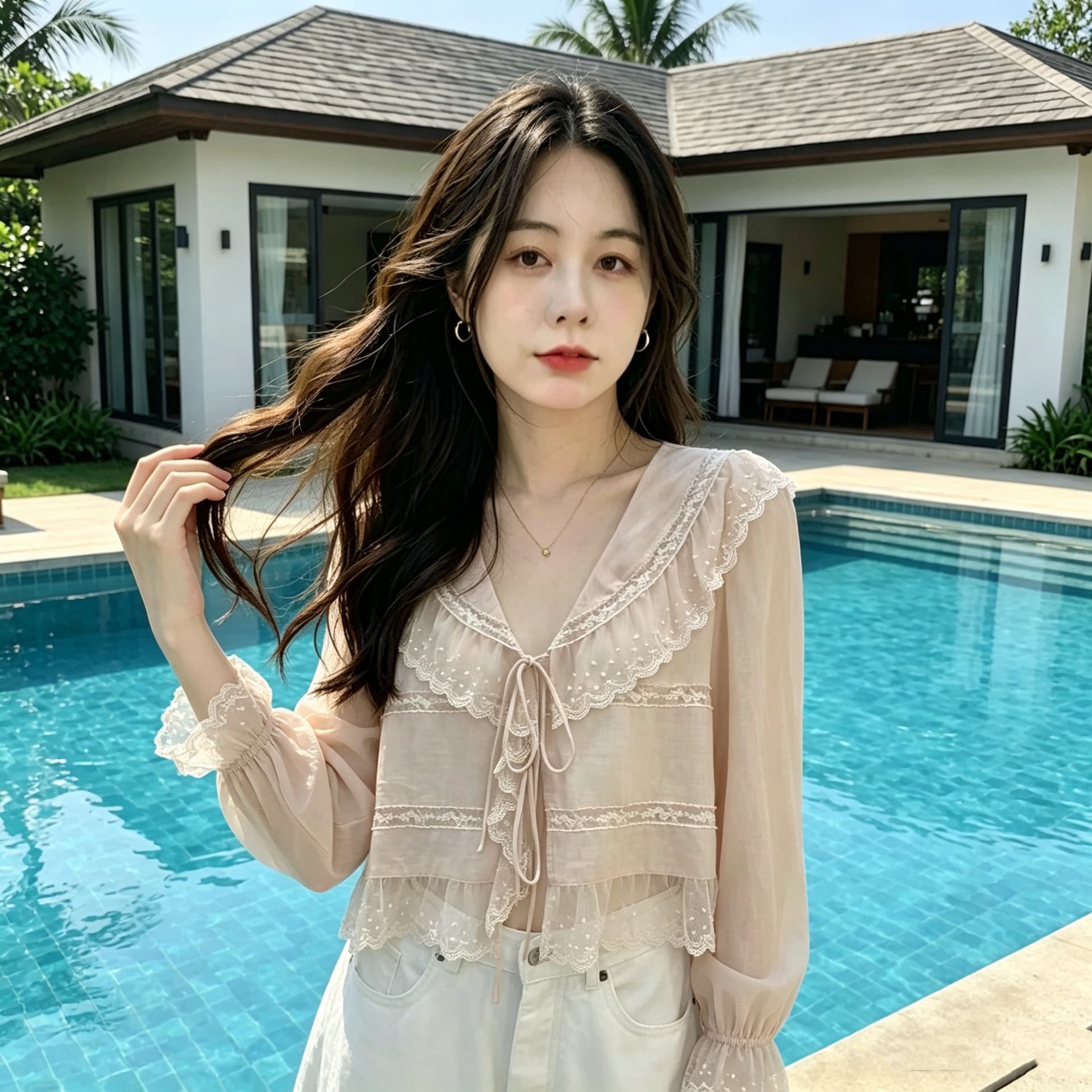 프랑스식 부드러운 바람 V넥 레이스 레이스 레이스 업 셔츠 맨위 여성 디자인 센스 작은 대중 루즈핏 나팔 소매 셔츠 상세 이미지 1