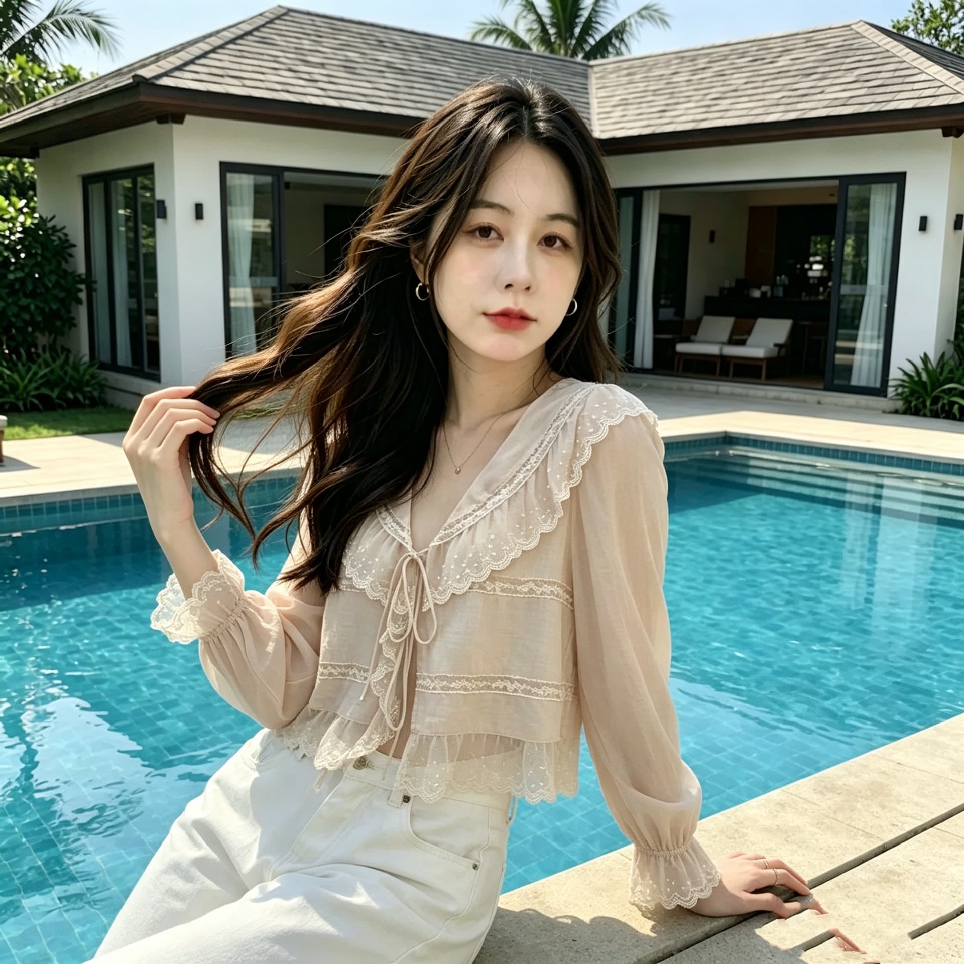 프랑스식 부드러운 바람 V넥 레이스 레이스 레이스 업 셔츠 맨위 여성 디자인 센스 작은 대중 루즈핏 나팔 소매 셔츠 상세 이미지 2