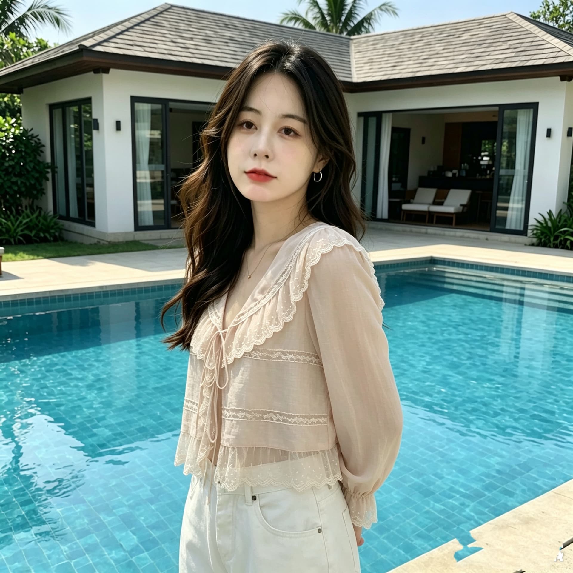 프랑스식 부드러운 바람 V넥 레이스 레이스 레이스 업 셔츠 맨위 여성 디자인 센스 작은 대중 루즈핏 나팔 소매 셔츠 상세 이미지 4