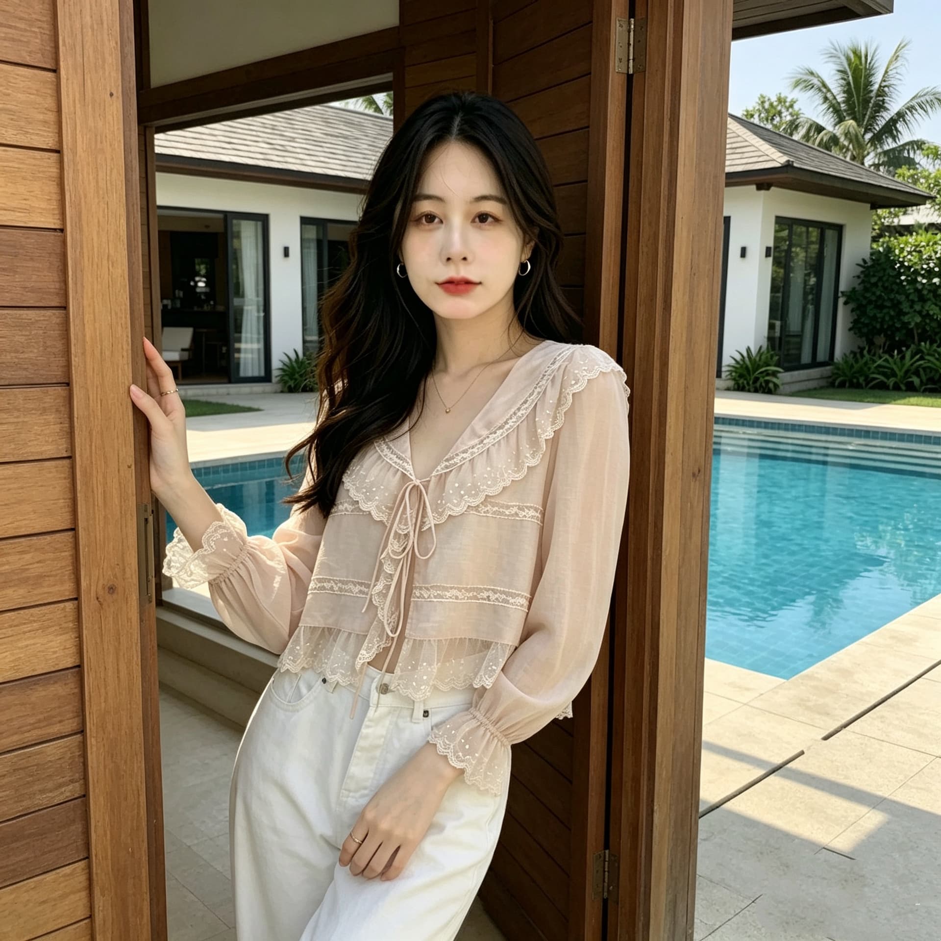 프랑스식 부드러운 바람 V넥 레이스 레이스 레이스 업 셔츠 맨위 여성 디자인 센스 작은 대중 루즈핏 나팔 소매 셔츠 상세 이미지 7