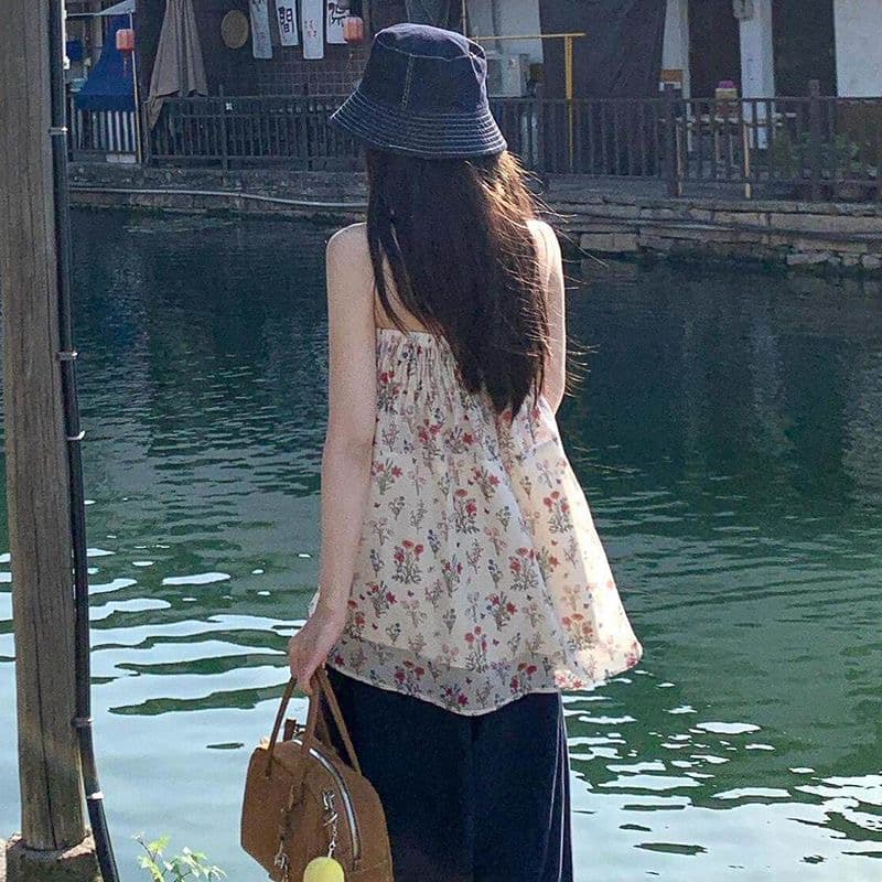 달콤한 스타일 디자인 센스 주름 꽃무늬 튜브탑 조끼 여성 여름 작은 키 루즈핏 슬림해 보이는 캐주얼 다용도 맨위 상세 이미지 7