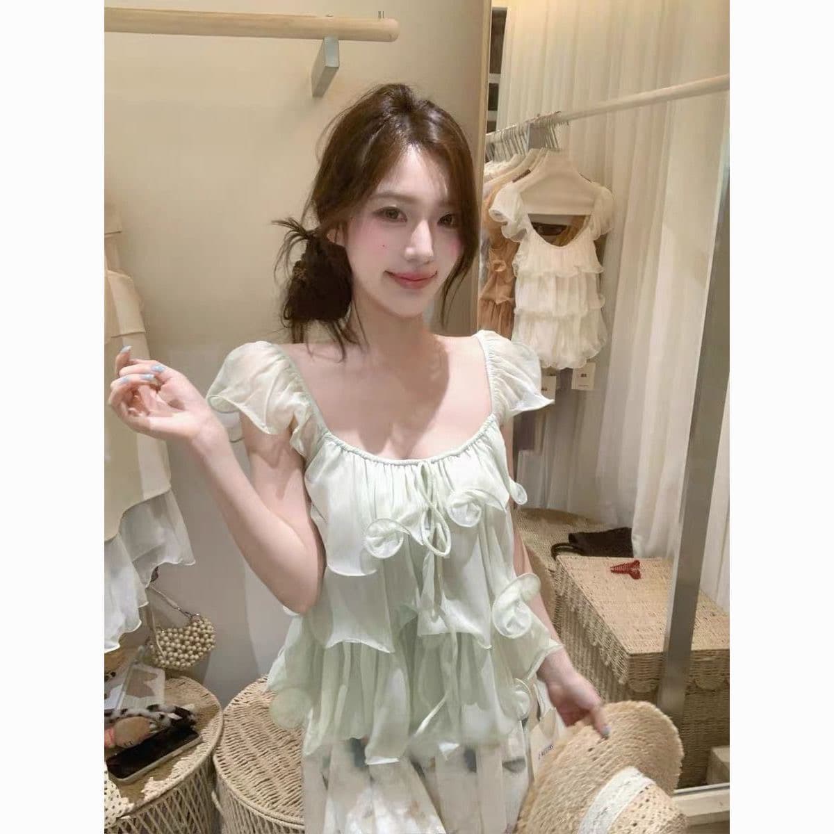 부드러운 달콤한 스타일 u 칼라 프릴 여성 셔츠 프랑스식 순수한 욕망 품격 루즈핏 슬림해 보이는 다용도 작은 날다 소매 맨위 상세 이미지 1