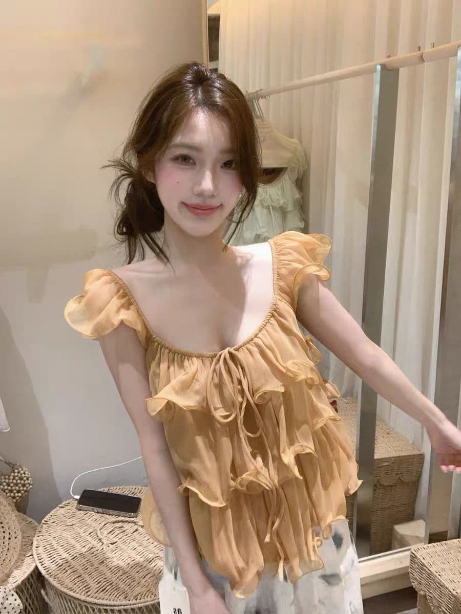 부드러운 달콤한 스타일 u 칼라 프릴 여성 셔츠 프랑스식 순수한 욕망 품격 루즈핏 슬림해 보이는 다용도 작은 날다 소매 맨위 상세 이미지 2