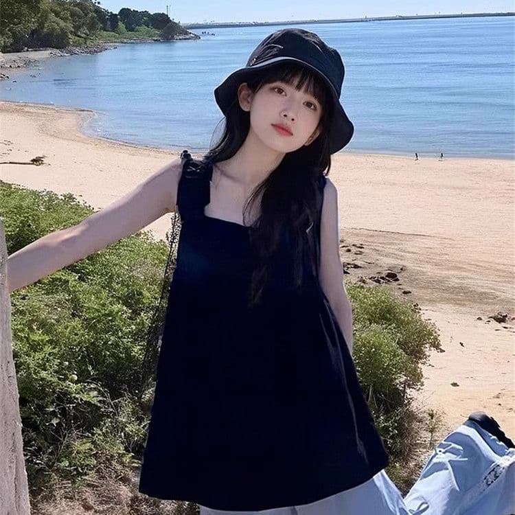 검정색 아름다운 캐미솔 여름 새로운 디자인 센스 프랑스식 달콤한 매운맛 민소매 해변가 휴가 맨위 여성 상세 이미지 6