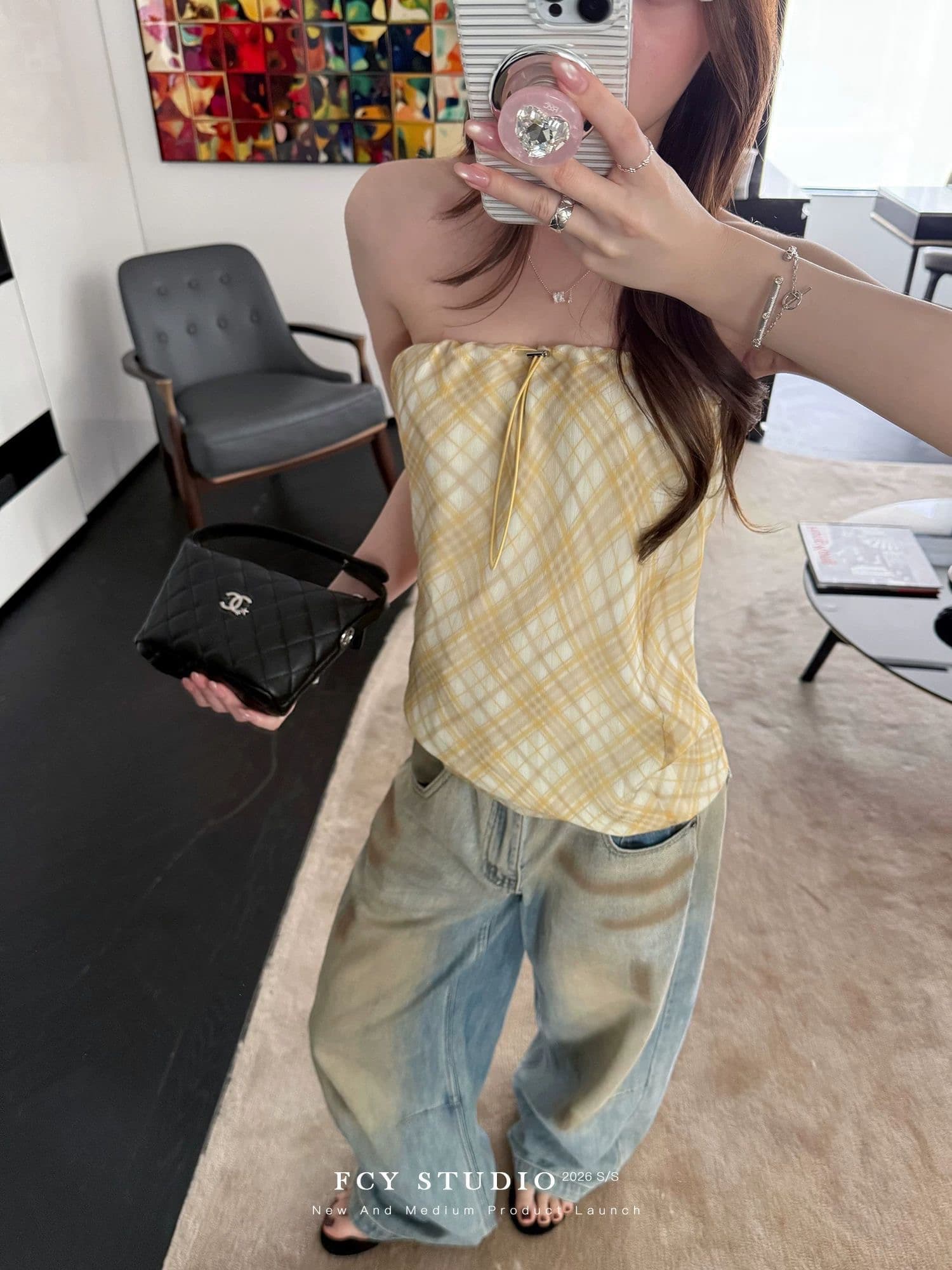 2026 체크무늬 새로운 레몬 여름 레터 헤드 황색 체크무늬 튜브탑 슬립 여름 디자인 센스 레트로 펌프 로프 맨위 상세 이미지 1