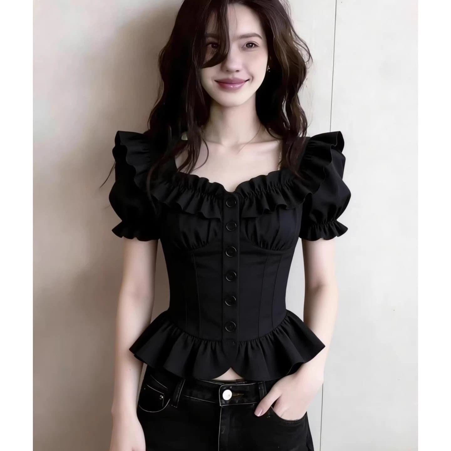 여름 작은 키 빛 요리 한 작은 대중 바람 광장 칼라 거품 소매 허리 수축 반팔 슬림해 보이는 다용도 패션 여성 짧은 맨위 이미지 4