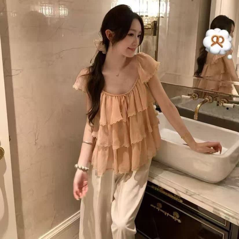 여름 새로운 달콤한 미국 칼라 레이스업 프릴 작은 날다 소매 케이크 작은 셔츠 루즈핏 다용도 맨위 여성 이미지 4