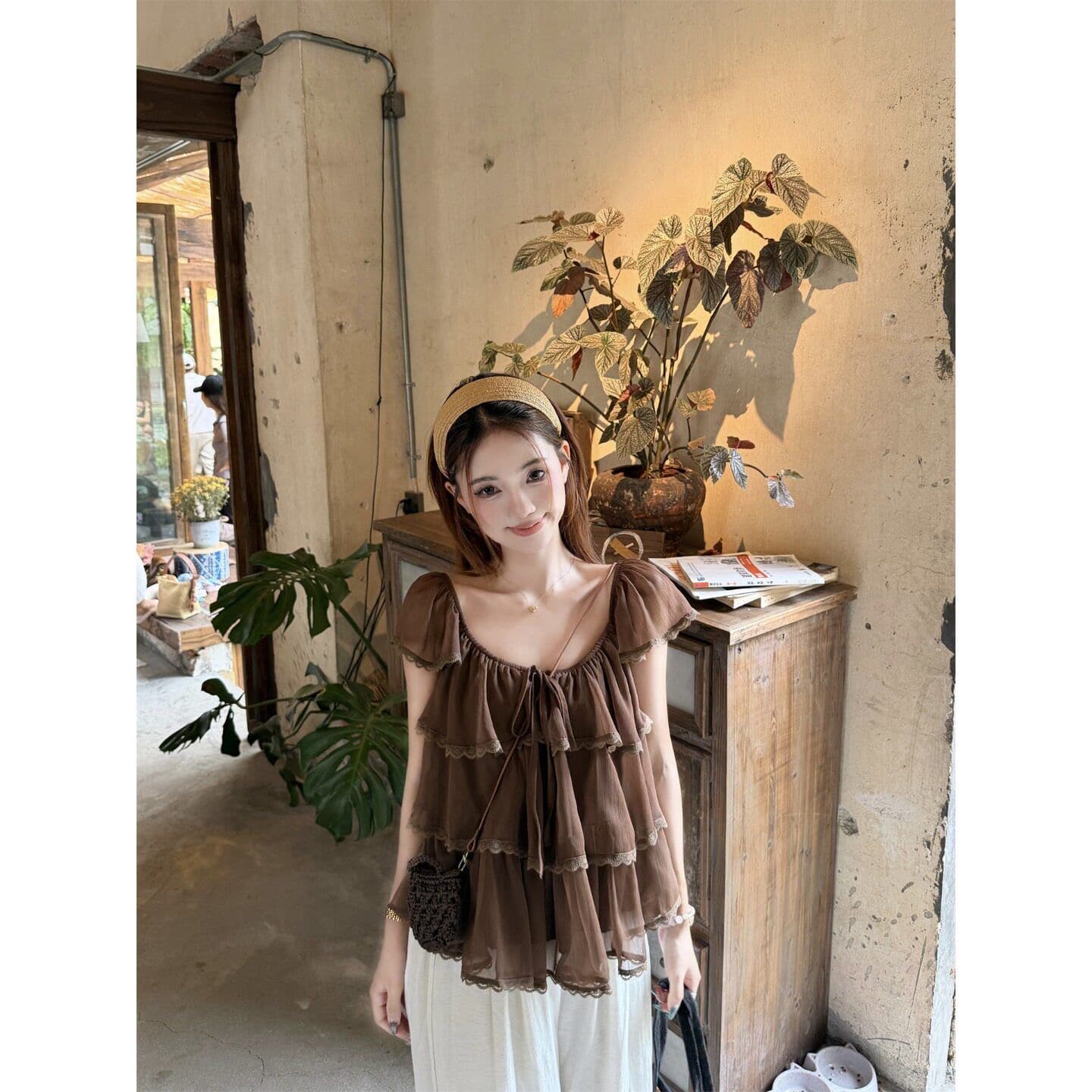 여름 새로운 한 부서 부드러운 연령 감소 프릴 달콤함 외국 가스 디자인 센스 작은 대중 슬립 맨위