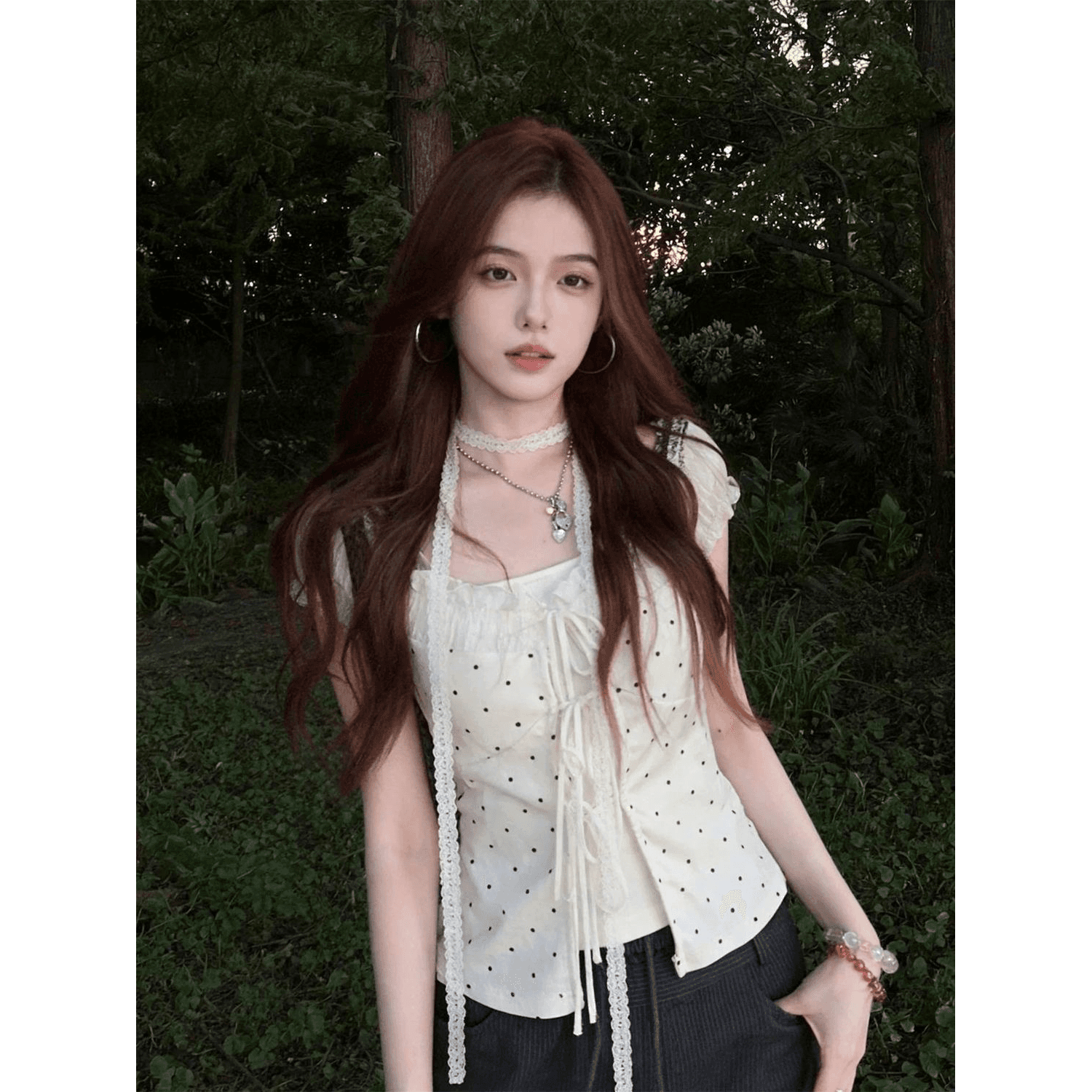 2026 여름 새로운 한 부서 도트 무늬 프린트 거품 소매 여성 패치워크 페이크 레이어드 슬림해 보이는 스트랩 그레이트 봐. 의류 이미지 5