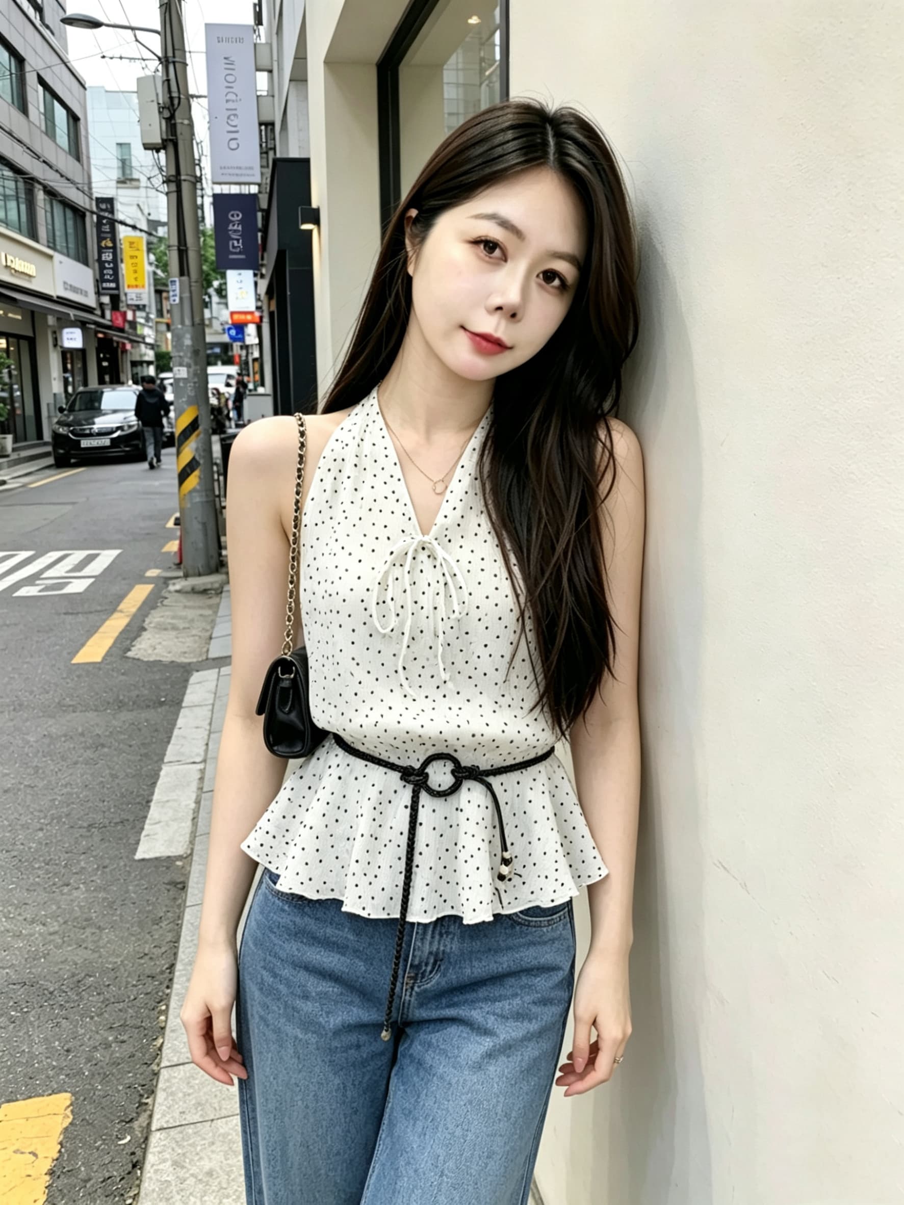 실사 한 부서 품격 부드러운 바람 V넥 도트 무늬 레이스업 허리 수축 디자인 센스 다용도 레트로 민소매 맨위