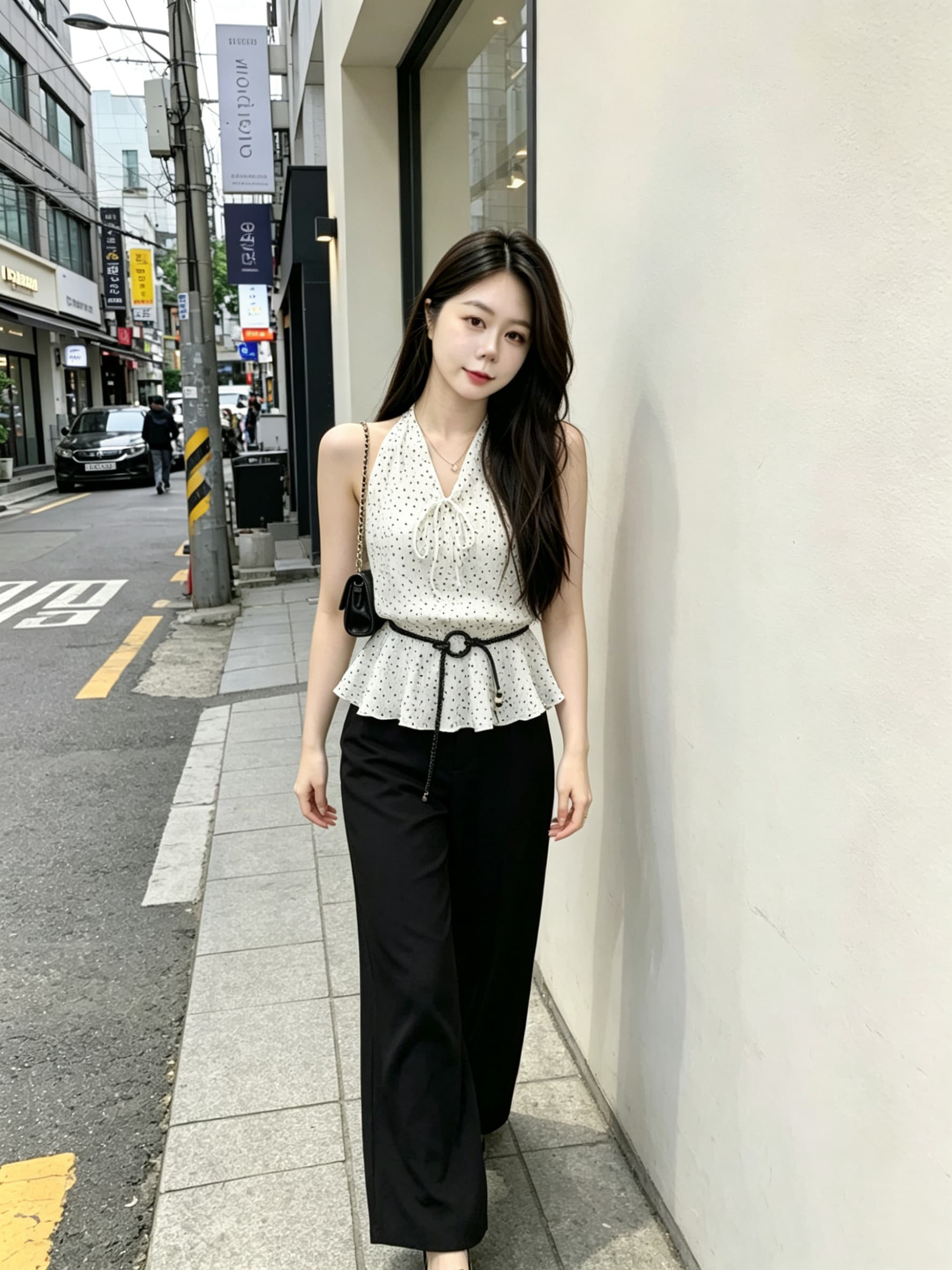 실사 한 부서 품격 부드러운 바람 V넥 도트 무늬 레이스업 허리 수축 디자인 센스 다용도 레트로 민소매 맨위 이미지 3