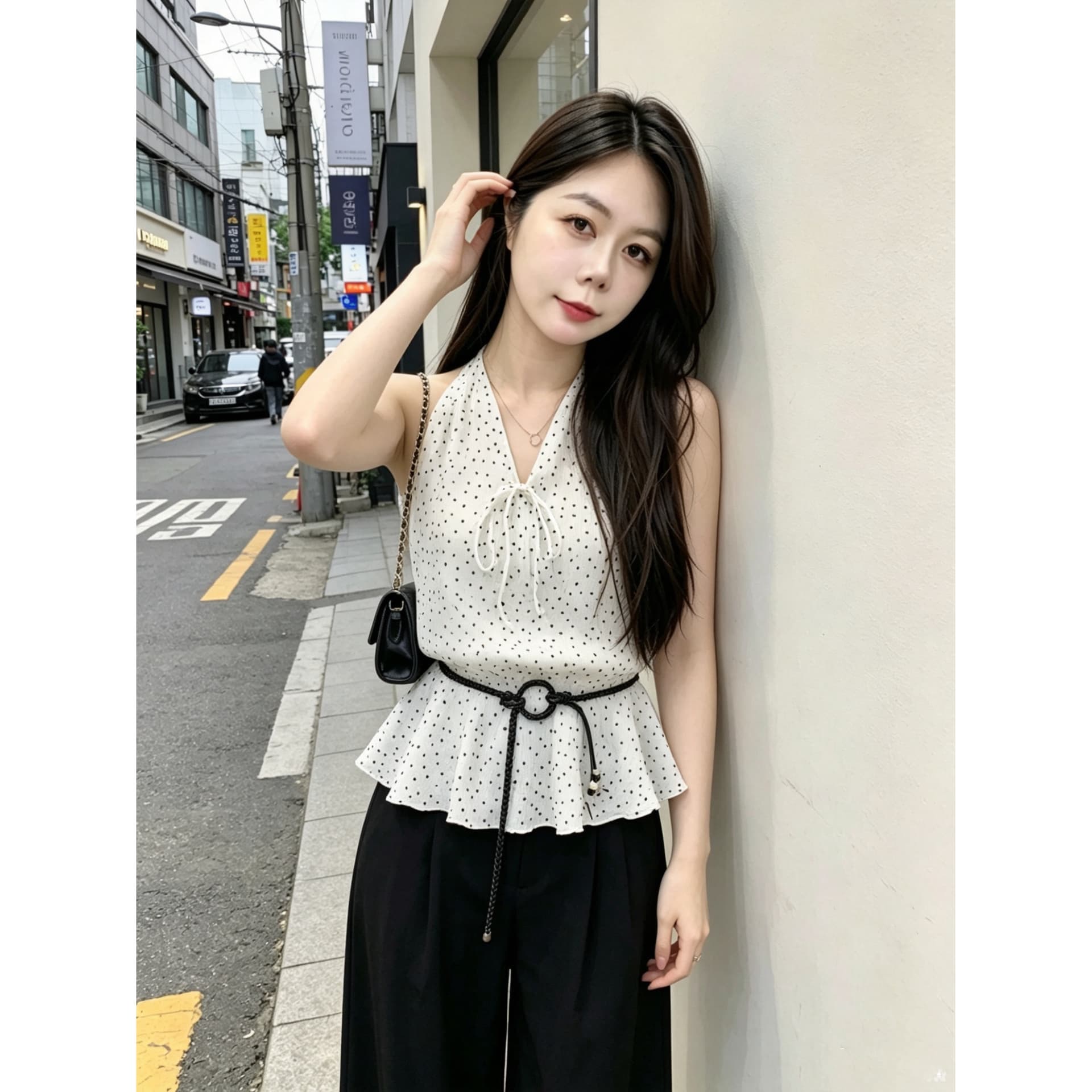 실사 한 부서 품격 부드러운 바람 V넥 도트 무늬 레이스업 허리 수축 디자인 센스 다용도 레트로 민소매 맨위 이미지 5