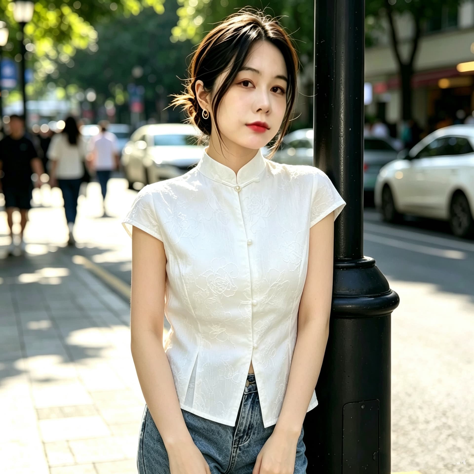 실사 새로운 중식 국풍 여름 새로운 스탠드 칼라 단추 몸매 가꾸기 맨위 슬림해 보이는 반팔 셔츠 품격 상세 이미지 2