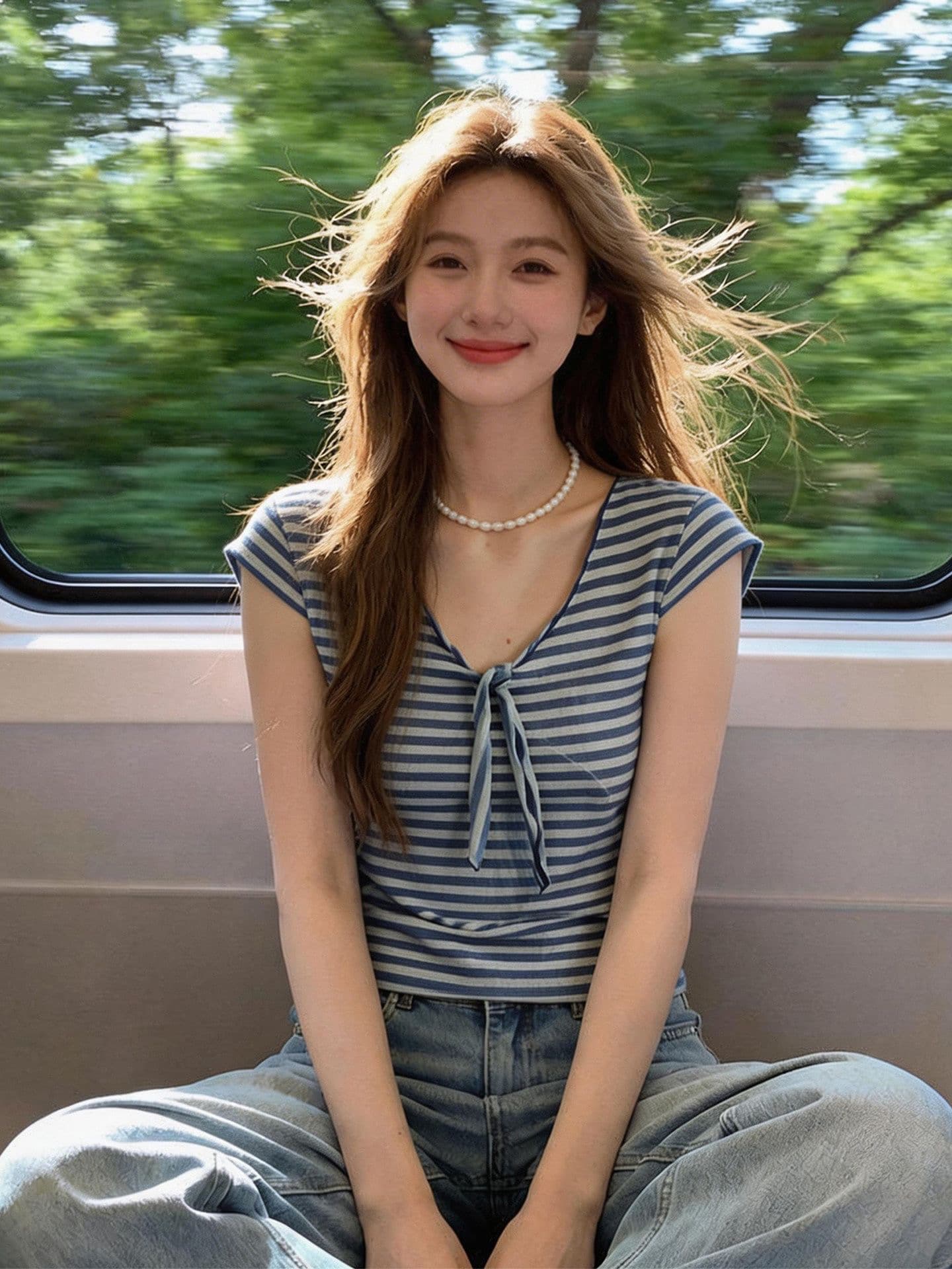 한 부서 파란색 스트라이프 V넥 Feifei 소매 반팔 티셔츠 여성 여름 작은 키 튀김 거리 고유 한 아름다운 쇼트 스타일 맨위 이미지 2