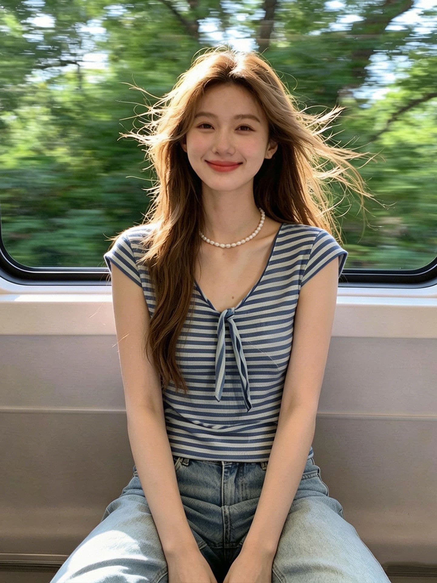 한 부서 파란색 스트라이프 V넥 Feifei 소매 반팔 티셔츠 여성 여름 작은 키 튀김 거리 고유 한 아름다운 쇼트 스타일 맨위 이미지 4
