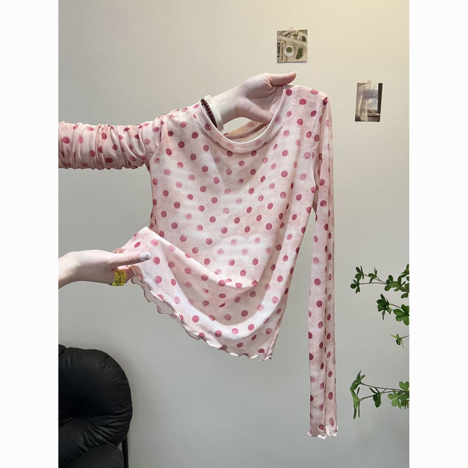 가을 새로운 도파민 그라데이션 색상 긴팔 티셔츠 여성 도트 무늬 프린트 다용도 디자인 센스 작은 대중 여성 맨위 상세 이미지 4