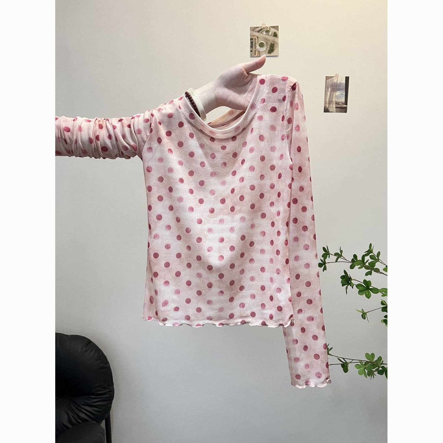 가을 새로운 도파민 그라데이션 색상 긴팔 티셔츠 여성 도트 무늬 프린트 다용도 디자인 센스 작은 대중 여성 맨위 상세 이미지 5
