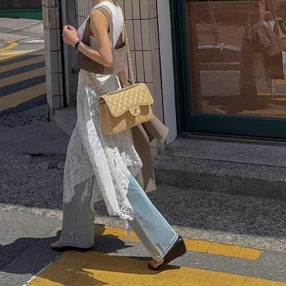 빅 사이즈 지방 mm 디자인 센스 패치워크 불규칙 레이스 조끼 여성 드레스 봄 여름 섹션 레트로 스택 착용 롱 스커트 이미지 5