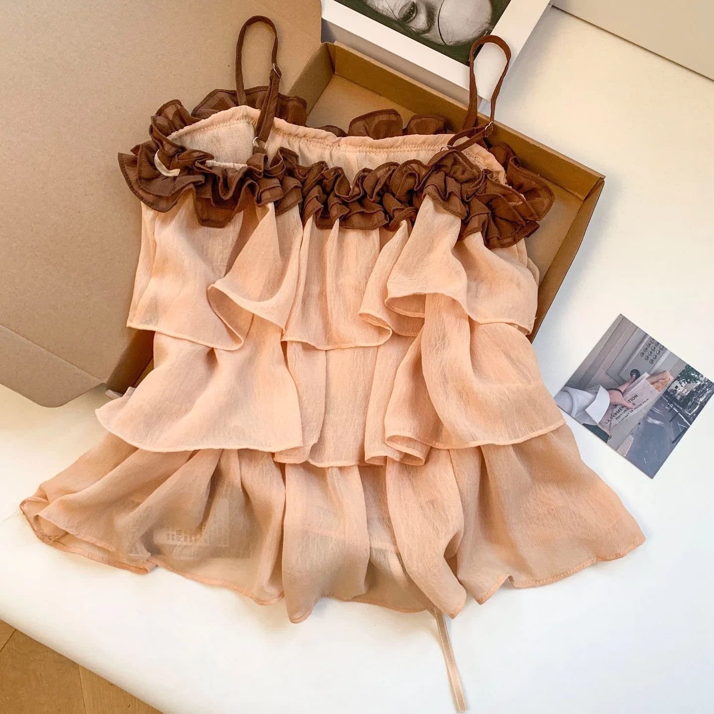프랑스식 순수한 욕망 다중 레이어 연꽃 잎 레이스 배색 슬립 여성 여름 휴가 바람 작은 대중 품격 인형 셔츠 맨위 상세 이미지 2