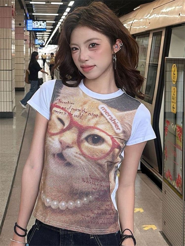 패션 작은 대중 라운드 넥 긍정적 인 어깨 반팔 티셔츠 여성 여름 새로운 화이트 고양이 프린트 몸매 가꾸기 슬림해 보이는 맨위 트렌디 상세 이미지 10