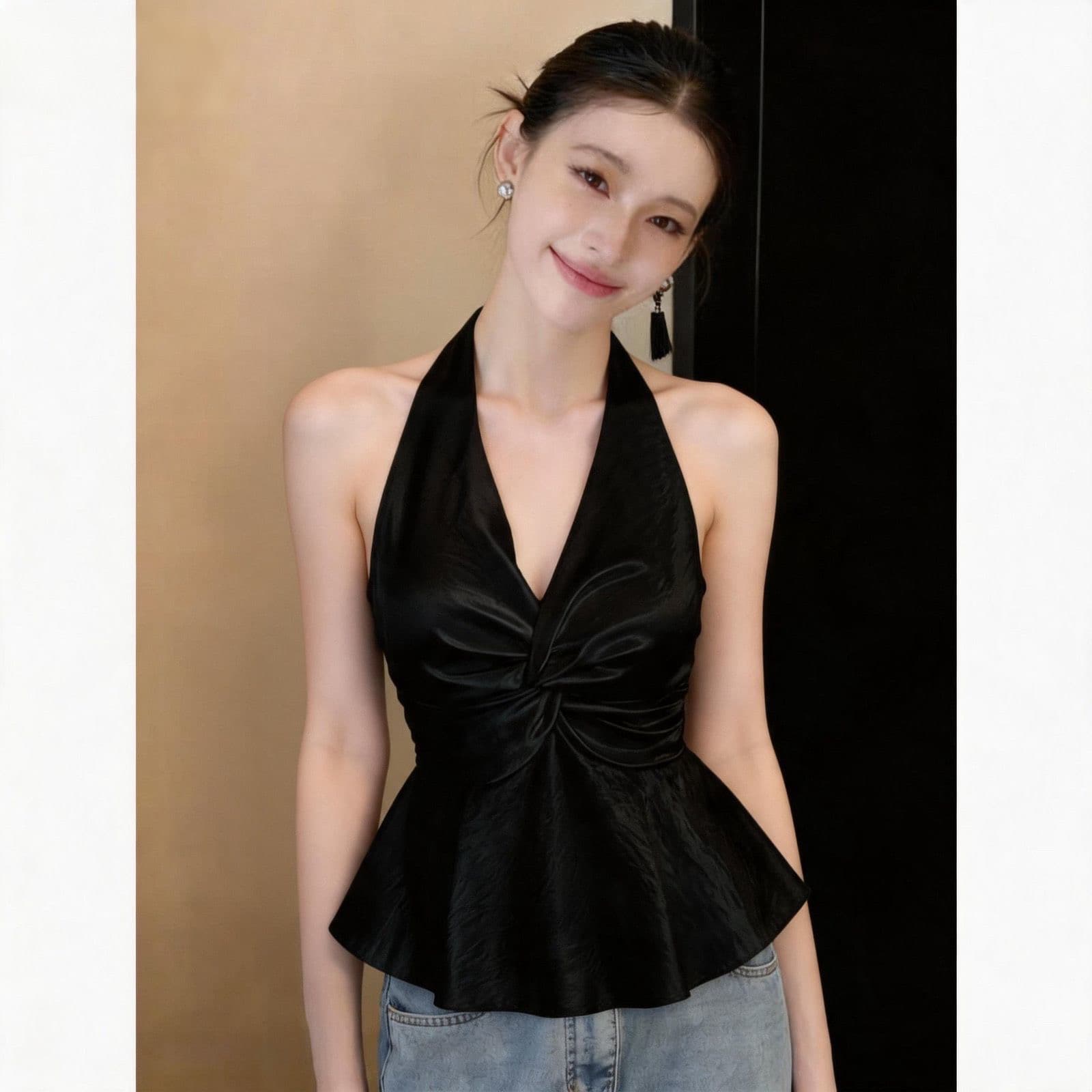 순수한 욕망 바람 새틴 아름다움 뒤로 행침 목 캐미솔 여름 새로운 핫걸 포장 가슴 허리 수축 슬림해 보이는 비틀림 맨위 이미지 4