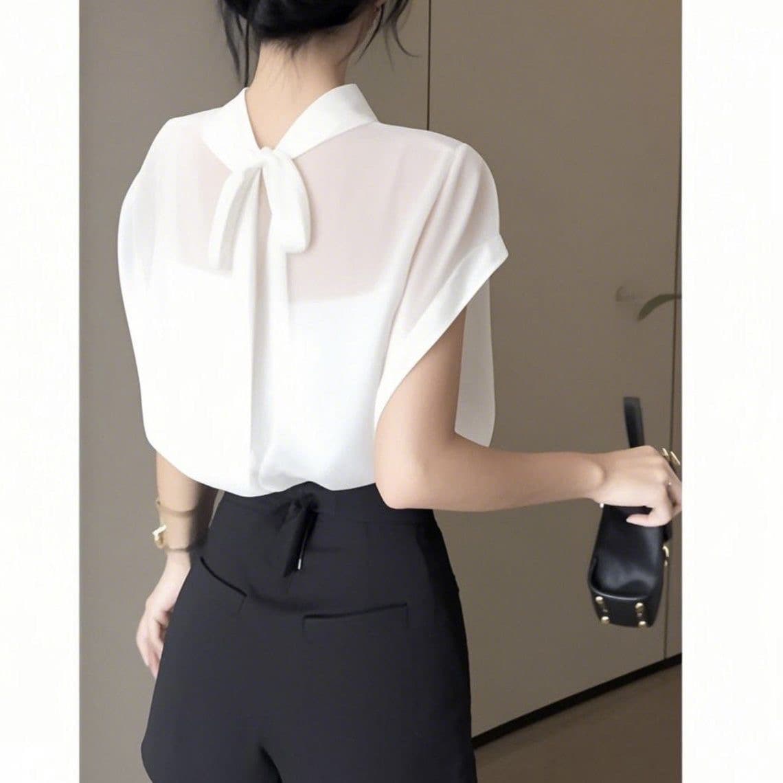 검정색 Tulle 반팔 쉬폰 여성 셔츠 여름 프랑스식 스탠드 칼라 나비 매듭 스트랩 마이크로 시스루 슬림해 보이는 작은 셔츠 맨위 상세 이미지 1