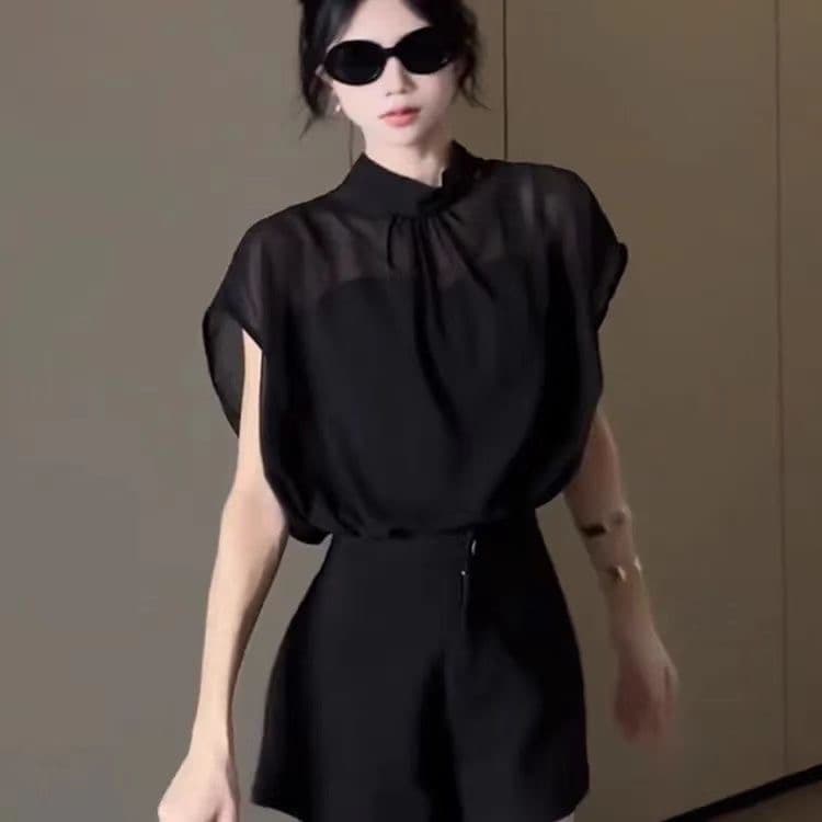 검정색 Tulle 반팔 쉬폰 여성 셔츠 여름 프랑스식 스탠드 칼라 나비 매듭 스트랩 마이크로 시스루 슬림해 보이는 작은 셔츠 맨위 상세 이미지 4